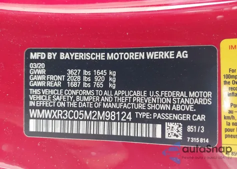 2021 Mini Hardtop Cooper z USA, uszkodzony, nr VIN WMWXR3C05M2M98124